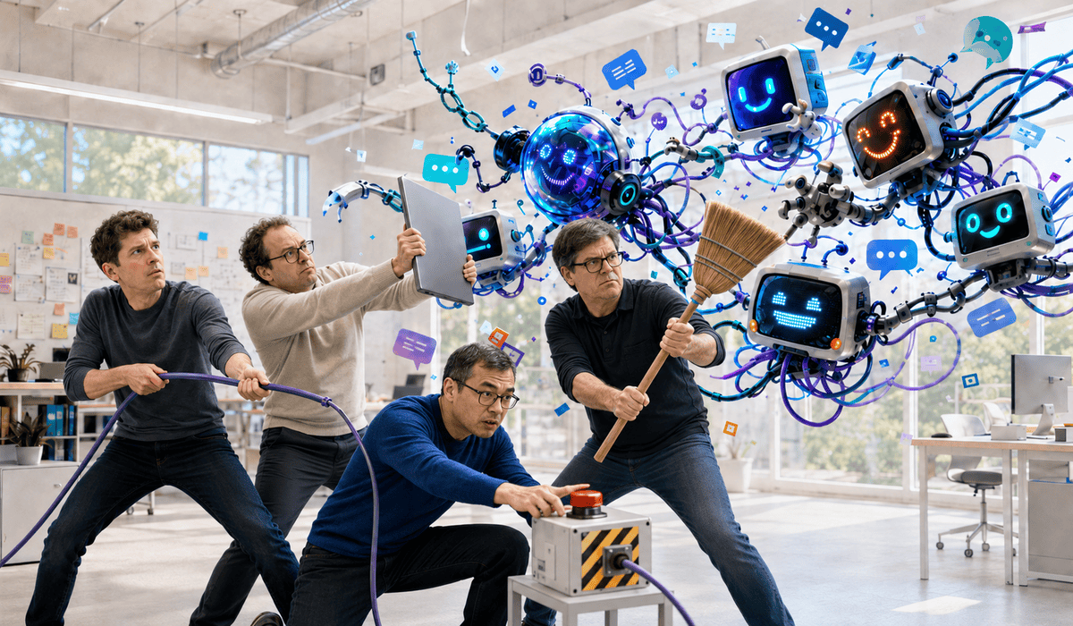 Sam Altman, Dario Amodei, Demis Hassabis és Yann LeCun humoros jelenetben próbálják megfékezni az elszabadult MI-gépeket.
