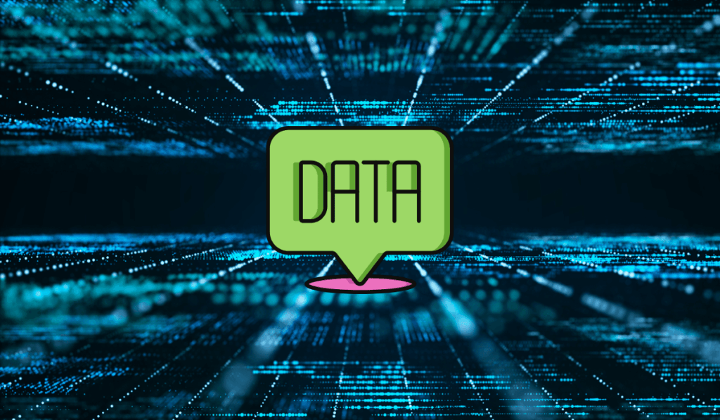 Digitális adathálózat közepén zöld, DATA feliratú jelölőbuborék, amely az adatcímkézés és az MI-modellek tanításának hátterét szemlélteti.