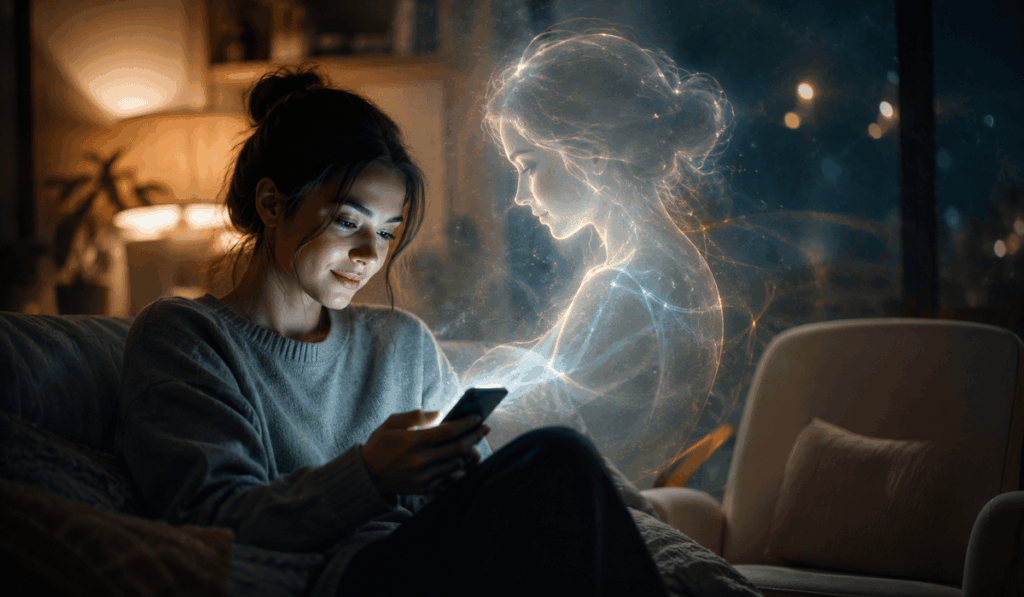 Fiatal nő ül este a kanapén, telefonját nézi, mellette pedig egy fényből kirajzolódó, emberalakra emlékeztető MI-figura jelenik meg, az érzelmi közelség és a digitális társ kapcsolatát jelképezve.