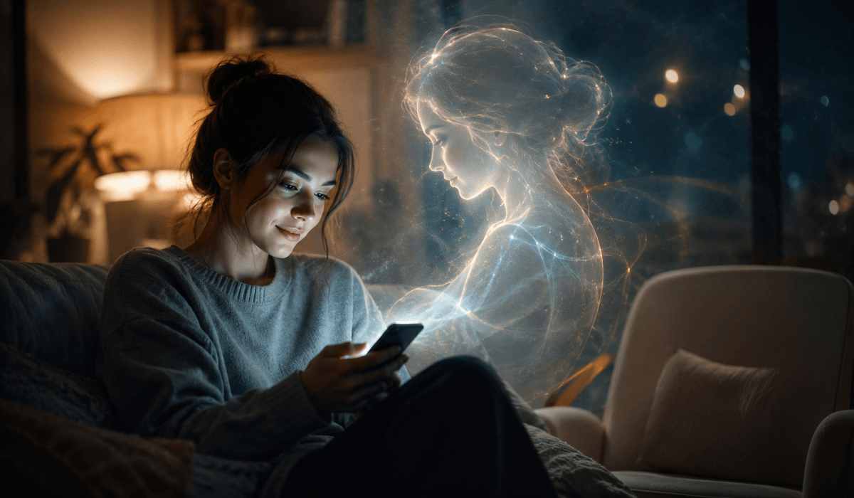 Fiatal nő ül este a kanapén, telefonját nézi, mellette pedig egy fényből kirajzolódó, emberalakra emlékeztető MI-figura jelenik meg, az érzelmi közelség és a digitális társ kapcsolatát jelképezve.