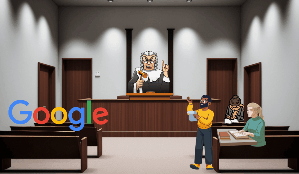 Google-logó egy bírósági tárgyalóteremben, bíróval és könyveket, dokumentumokat vizsgáló felperesekkel.