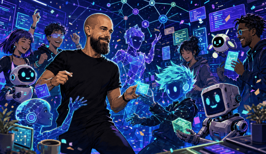 Jack Dorsey neonfényű képregényjelenetben bulizik a Buzz nyílt forráskódú MI-ügynökeivel egy futurisztikus digitális munkatérben.