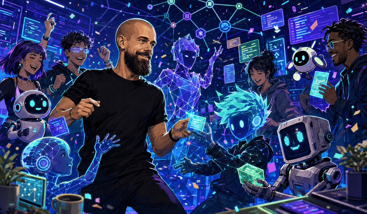 Jack Dorsey neonfényű képregényjelenetben bulizik a Buzz nyílt forráskódú MI-ügynökeivel egy futurisztikus digitális munkatérben.