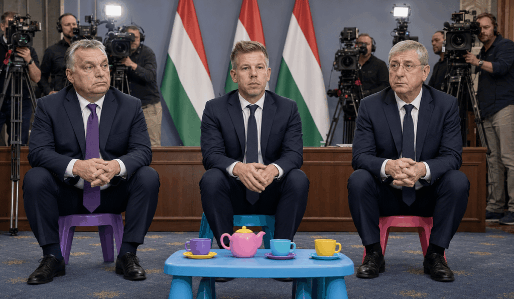 Orbán Viktor, Magyar Péter és Gyurcsány Ferenc apró óvodai székeken tart sajtótájékoztatót, előttük műanyag teáskészlettel, mögöttük kamerákkal és magyar zászlókkal.