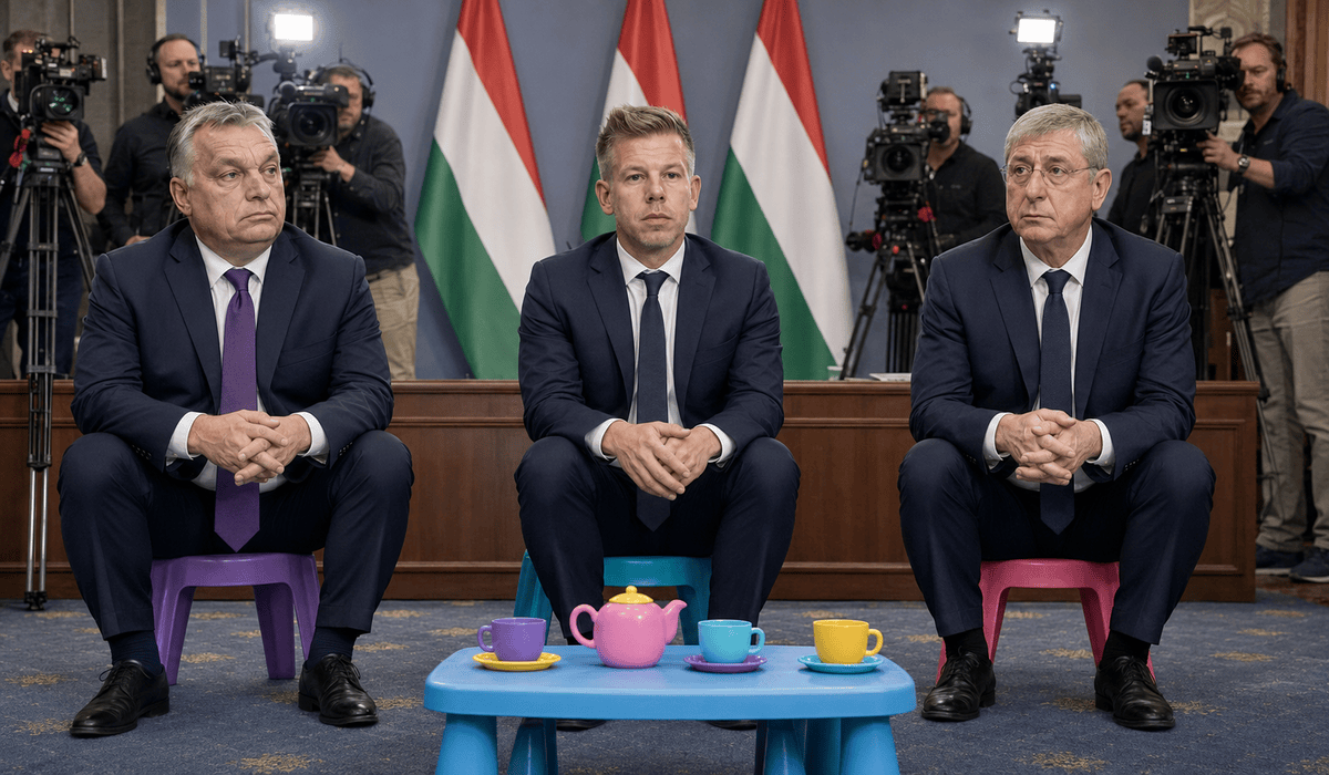 Orbán Viktor, Magyar Péter és Gyurcsány Ferenc apró óvodai székeken tart sajtótájékoztatót, előttük műanyag teáskészlettel, mögöttük kamerákkal és magyar zászlókkal.