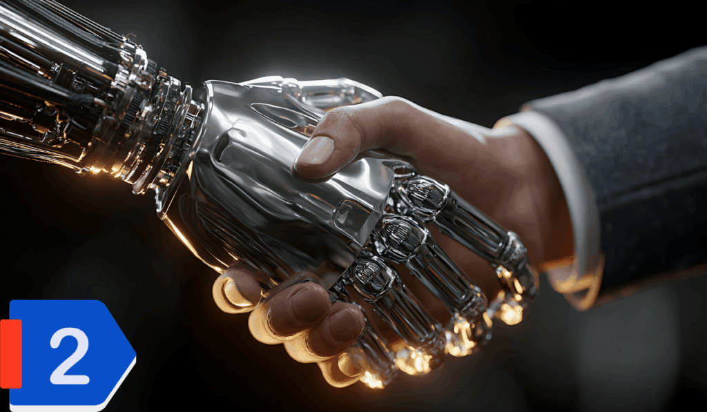 Emberi kéz és robotkéz kézfogása sötét háttér előtt, a bal alsó sarokban kék jelöléssel az 2-es szám, amely az MI-szabályozásról szóló cikksorozat második részére utal.