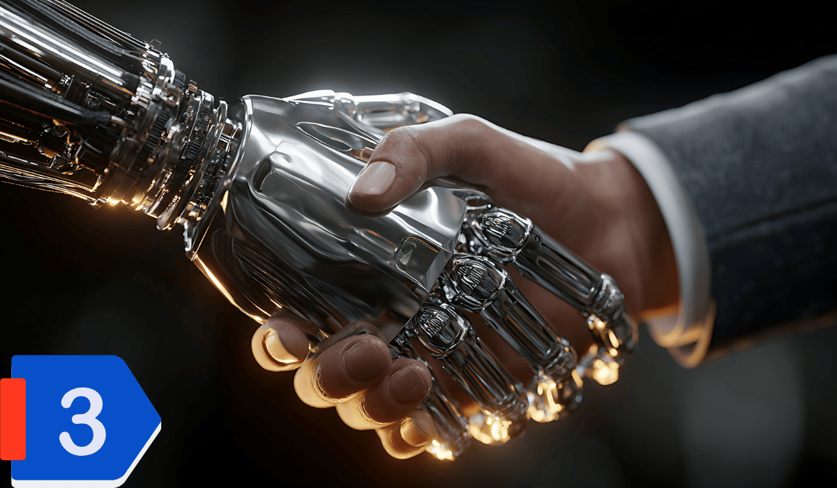 Emberi kéz és robotkéz kézfogása sötét háttér előtt, a bal alsó sarokban kék jelöléssel az 3-as szám, amely az MI-szabályozásról szóló cikksorozat harmadik részére utal.