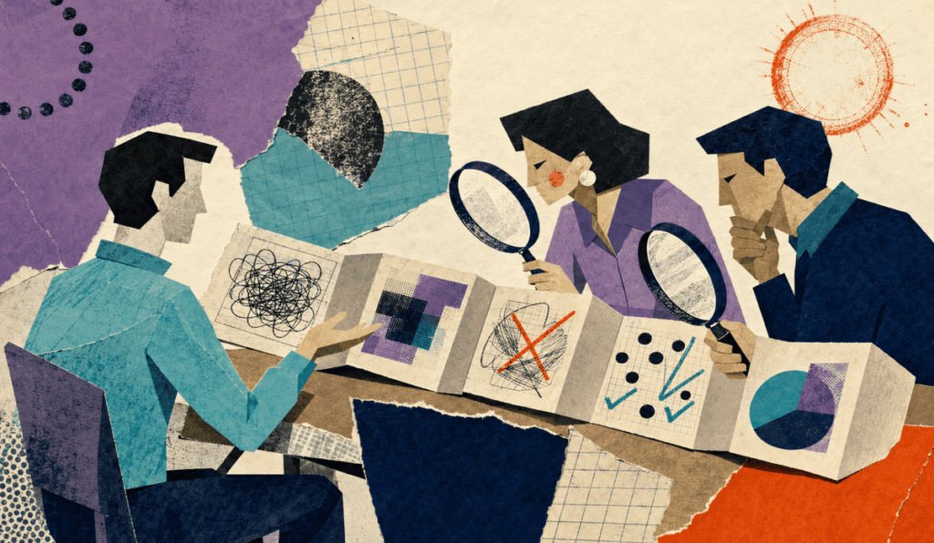 Tépett papírból készült állásinterjú-kollázs, amelyben a pályázó javításokkal és ellenőrző jelekkel mutatja be MI-vel végzett munkafolyamatát.