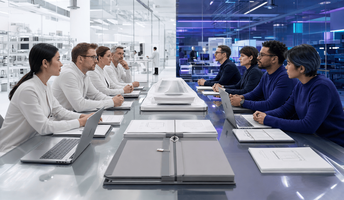 Az Apple és az OpenAI fejlesztőcsapatai egy hardverlaborban néznek egymással szembe, közöttük lezárt tervrajzokkal és letakart prototípussal.