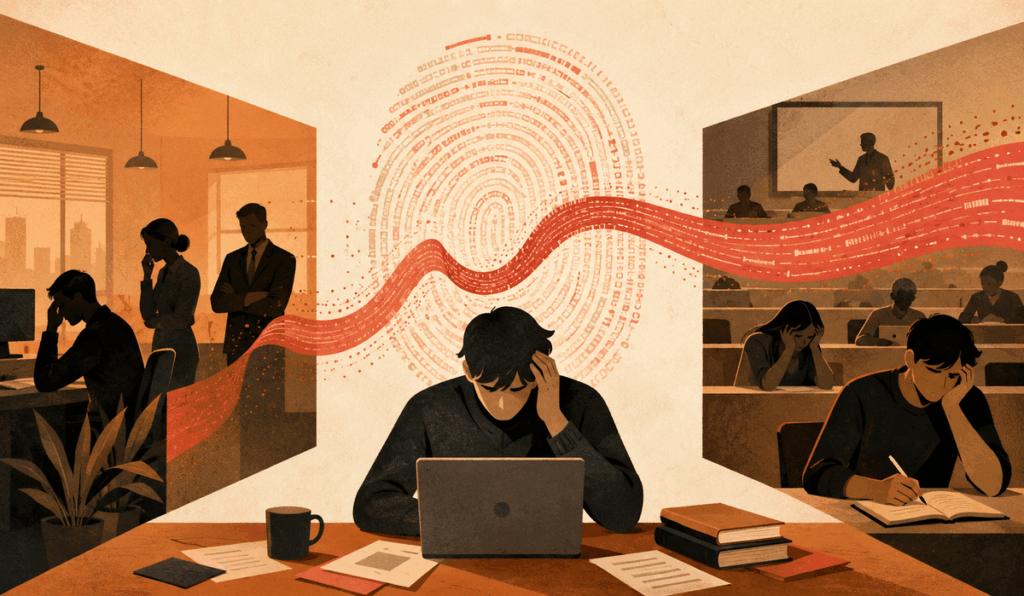 Anthropic-színvilágú illusztráció egy laptopnál ülő, aggódó felhasználóról, akinek szövege digitális ujjlenyomaton keresztül jut el egy munkahelyre és egy egyetemi előadóterembe.