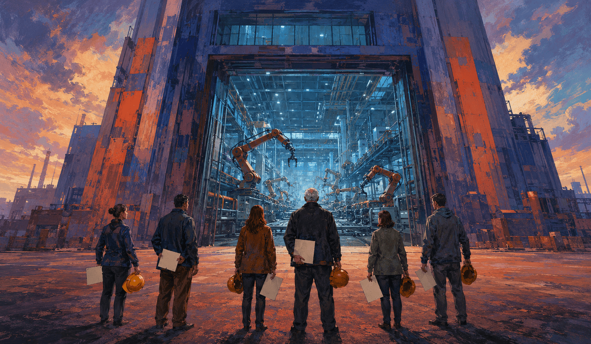 Robotok dolgoznak egy monumentális, automatizált gyárban, miközben a kapu előtt szavazólapokat és üres munkássisakokat tartó emberek állnak.