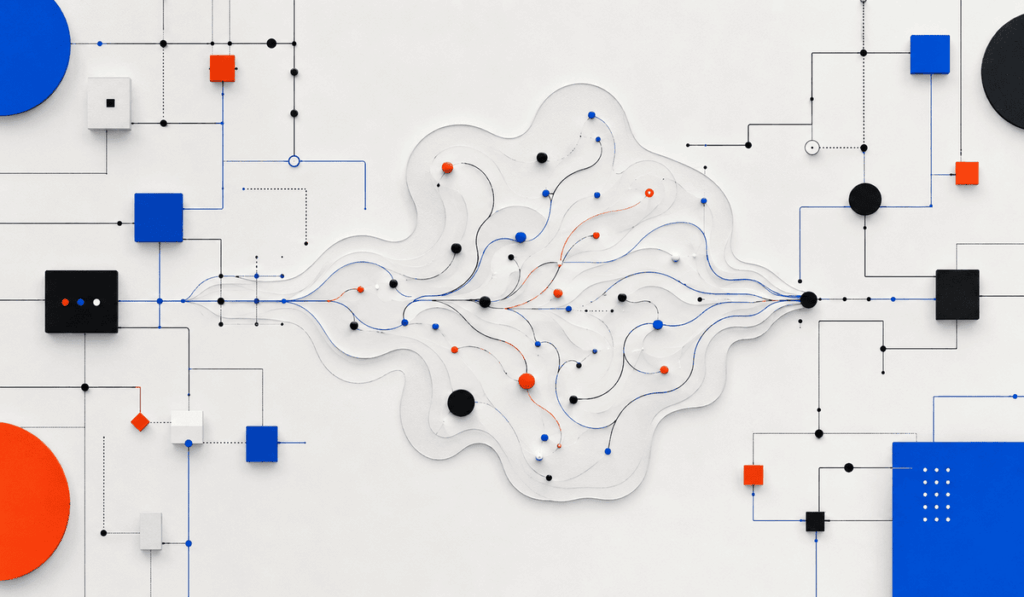 Hibrid MI-workflow, amelyben az automatizált folyamat és az MI-ügynök döntési pontjai kapcsolódnak össze.