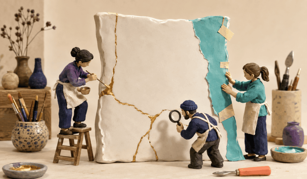 Apró stop-motion figurák arany kincugi-vonalakkal javítanak meg egy repedt, MI-választ jelképező porcelánlapot.