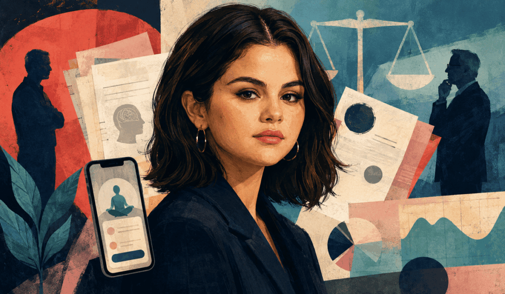 Selena Gomez stilizált portréja szerződéslapok, egy mentális jólléti alkalmazás, befektetői grafikonok és a jogvitát jelképező mérleg előtt.