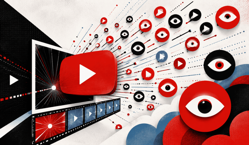 Stilizált YouTube-logó videóképkockák és megsokszorozódó szemikonok között, az azonnal növekvő megtekintésszámot jelképezve.