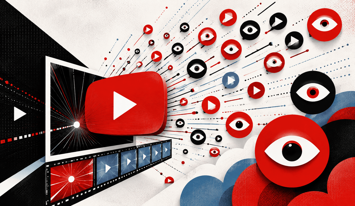 Stilizált YouTube-logó videóképkockák és megsokszorozódó szemikonok között, az azonnal növekvő megtekintésszámot jelképezve.