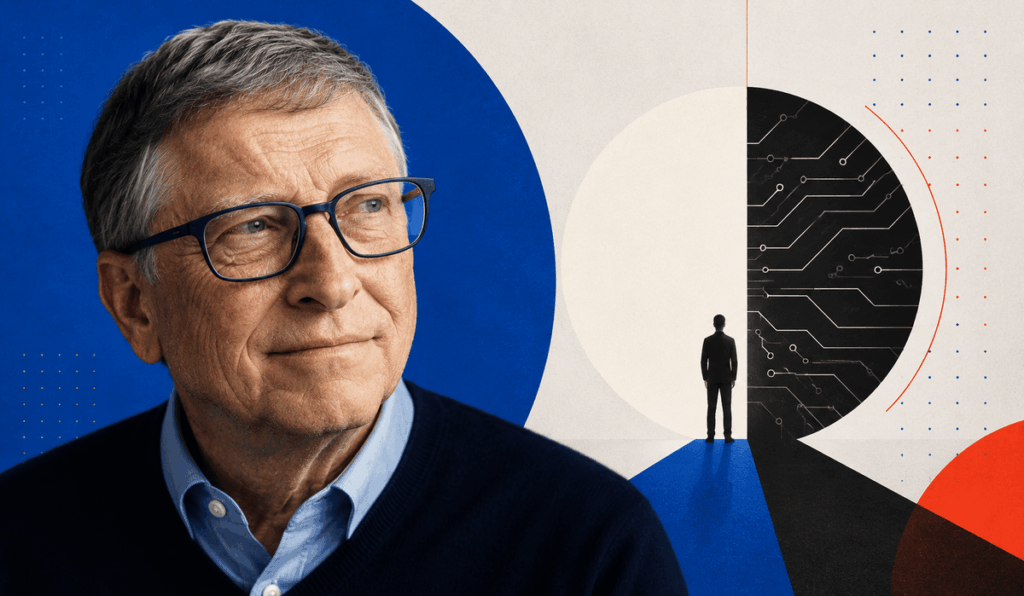 Bill Gates portréja az ember és a mesterséges intelligencia közötti határt jelképező szerkesztőségi illusztrációban.