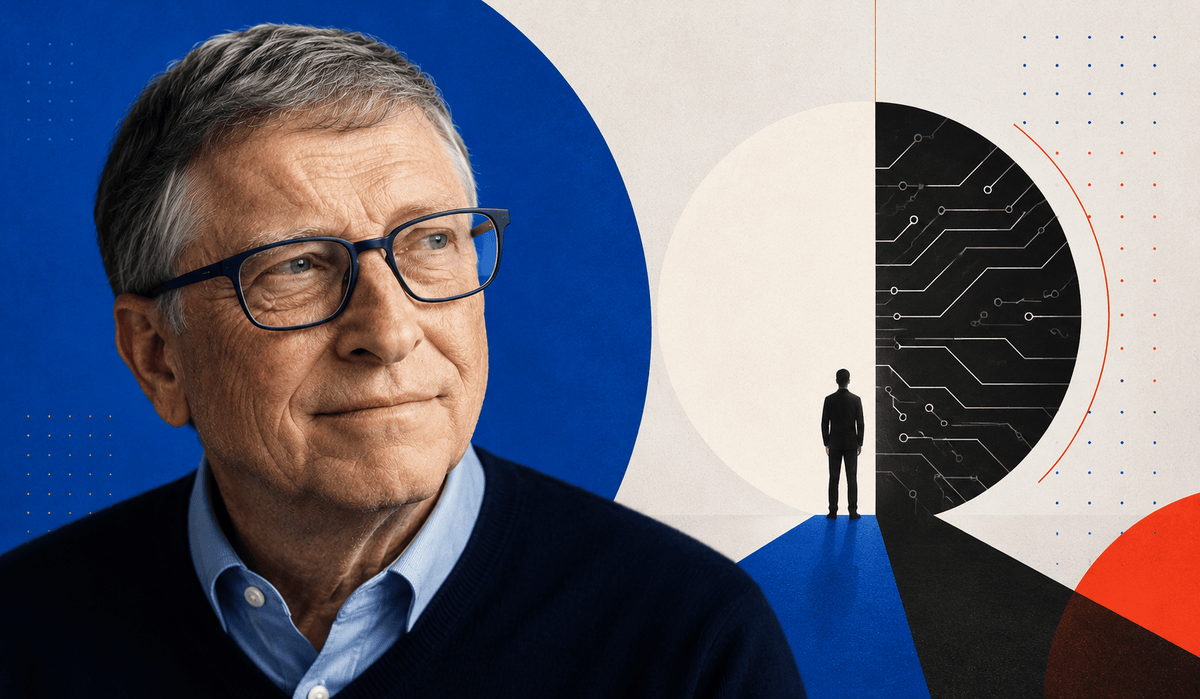 Bill Gates portréja az ember és a mesterséges intelligencia közötti határt jelképező szerkesztőségi illusztrációban.