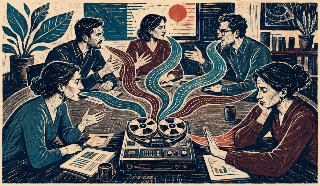 Retro-futurista linómetszeten öt kolléga beszéde színes szalagokként fut egy központi magnó felé, miközben egyikük kézmozdulattal visszatartja a saját hangját.