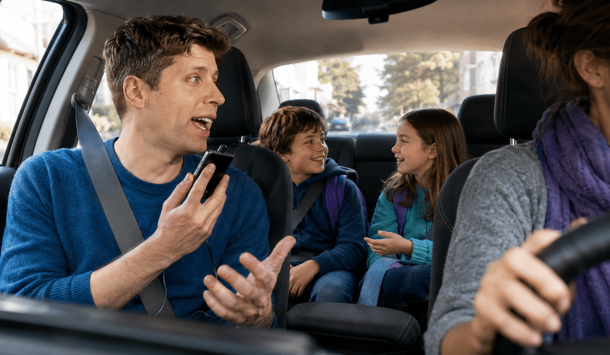 Sam Altman MI-podcastot mutat egy családi autóban, miközben a hátsó ülésen utazó gyerekek inkább egymással beszélgetnek.