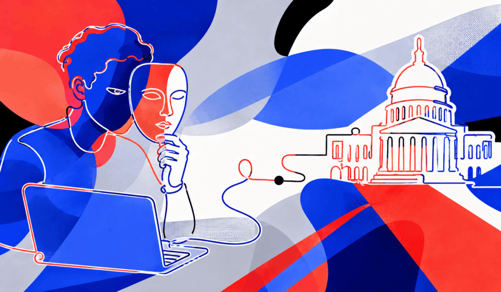 Színes, egyvonalas illusztráció egy laptopnál ülő távmunkásról, aki hamis arcmaszkot tart maga elé, miközben digitális kapcsolata egy amerikai kormányzati épülethez vezet.