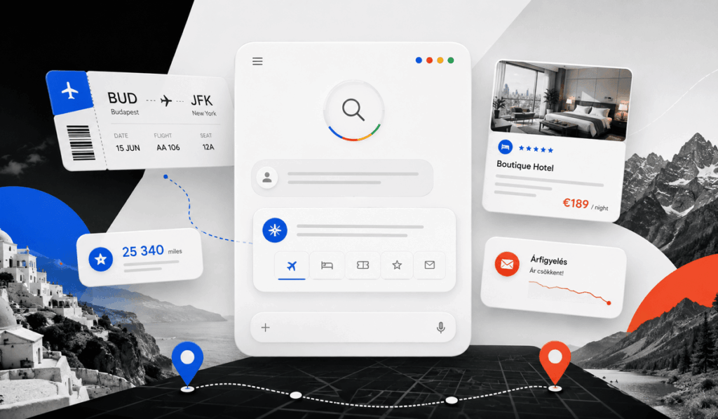 Google AI-mód utazástervező felülete repülőjeggyel, szállásajánlattal és árfigyeléssel.