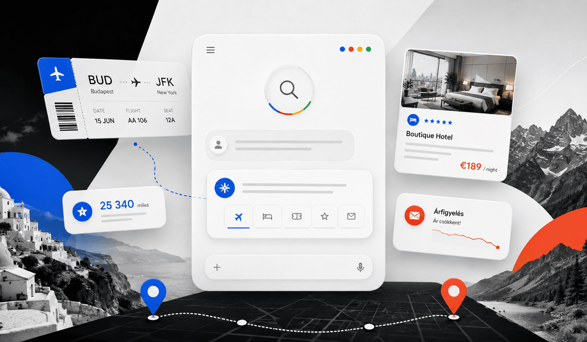 Google AI-mód utazástervező felülete repülőjeggyel, szállásajánlattal és árfigyeléssel.