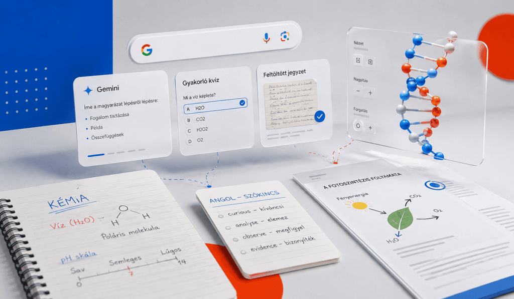 Google Search és Gemini MI-alapú tanulási funkciói jegyzetekkel, gyakorló kvízzel és interaktív 3D-s tananyaggal.