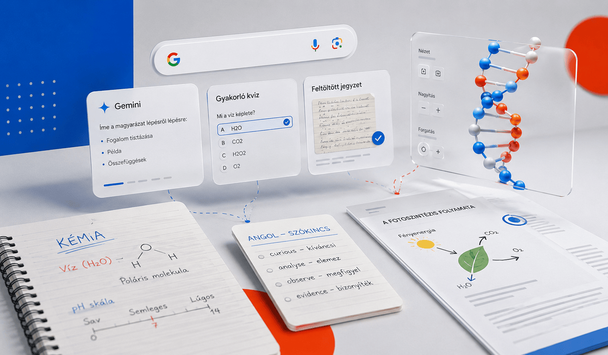 Google Search és Gemini MI-alapú tanulási funkciói jegyzetekkel, gyakorló kvízzel és interaktív 3D-s tananyaggal.