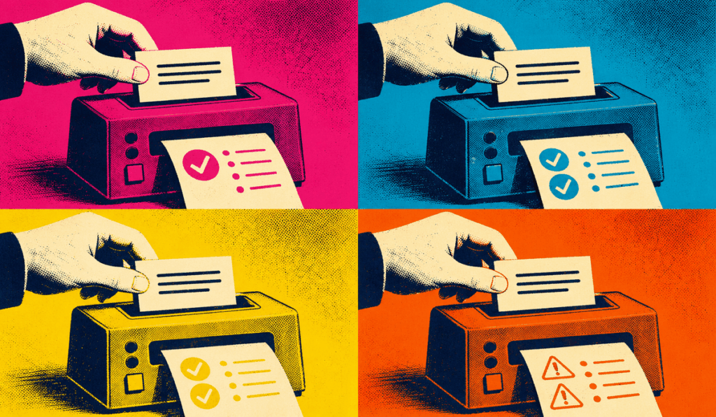 Négymezős pop-art illusztráció egy prompt különböző próbaesetekkel történő teszteléséről.