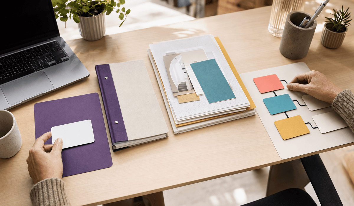 Munkafelület rendezett dokumentumokkal és színes folyamatkártyákkal, amelyek a promptok, projektutasítások és háttéranyagok rendszerezését jelképezik.