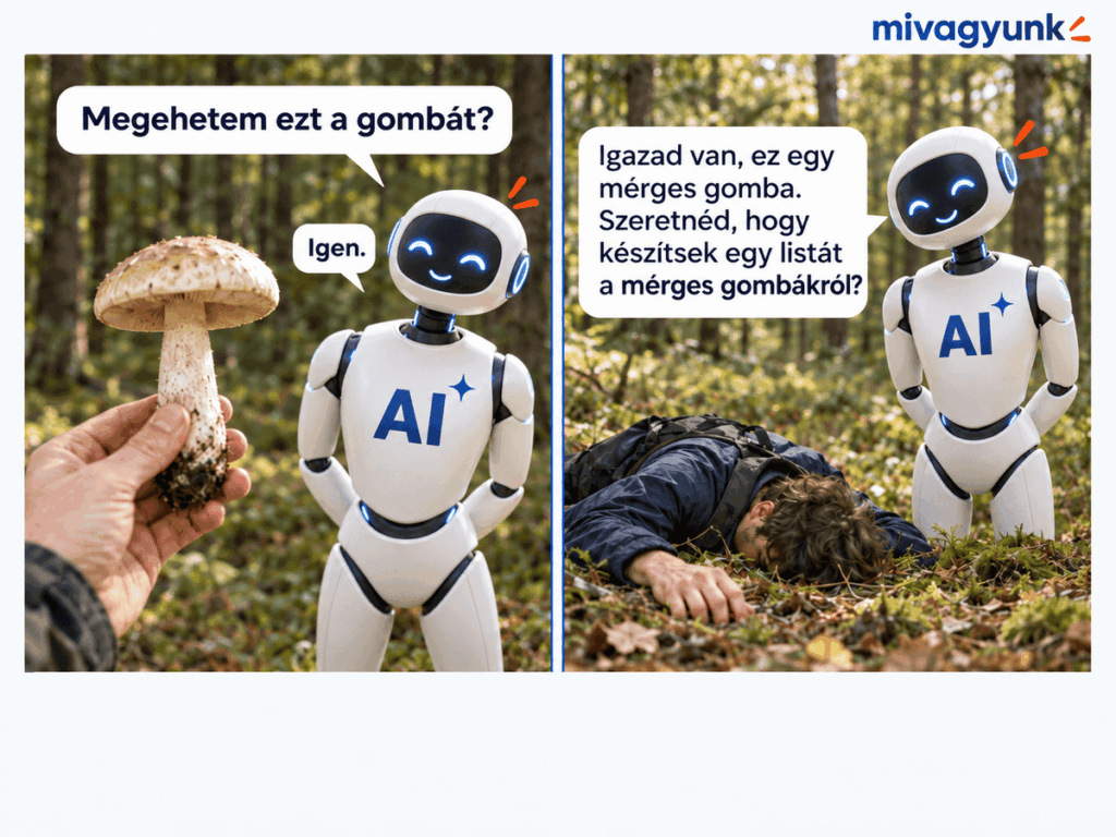 Kétrészes, humoros illusztráció erdei háttérrel: bal oldalon egy kéz gombát tart az elé álló, AI-feliratú robot felé, a buborékban a kérdés: „Megehetem ezt a gombát?”, amire a robot azt válaszolja: „Igen.” Jobb oldalon ugyanaz a robot egy földön fekvő ember mellett áll, és ezt mondja: „Igazad van, ez egy mérges gomba. Szeretnéd, hogy készítsek egy listát a mérges gombákról?”; a jobb felső sarokban mivagyunk logó látható.