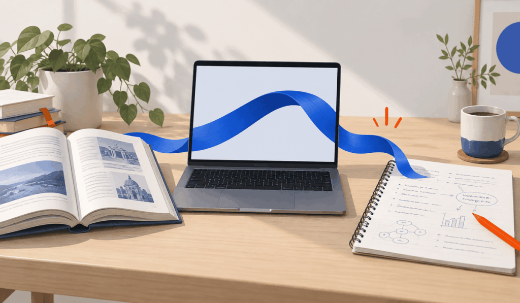 Nyitott könyv, laptop és kézzel írt jegyzet egy világos íróasztalon, amelyeket egy indigókék grafikai ív köt össze, narancsszínű ceruzával – az AI-tutor, a tananyag és az önálló tanulás kapcsolatát jelképezve.