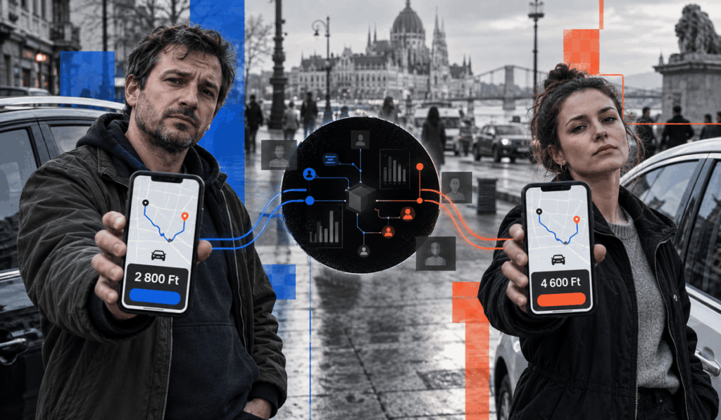 Két fuvarmegosztó sofőr ugyanazt a városi útvonalat mutatja a telefonján, de eltérő fuvardíjat kapnak, miközben a háttérben egy algoritmikus rendszer jelképezi a személyre szabott bérezést.