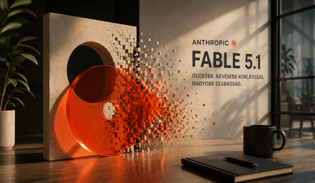 Anthropic Fable 5.1-et jelképező absztrakt installáció, amelynek szigorú geometriai szerkezete fokozatosan feloldódik, utalva az alacsonyabb költségre és a kevesebb korlátozásra.