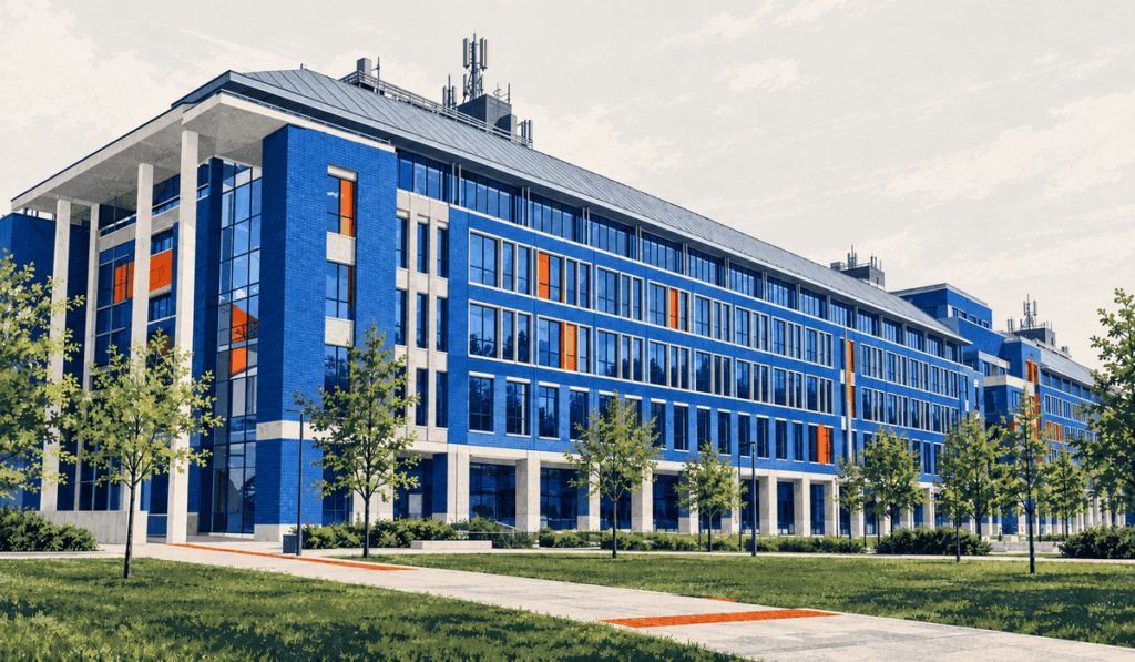 Az ELTE Lágymányosi Campus Déli tömbjének indigókék homlokzatú épülete világos háttér előtt, narancsszínű ablakrészletekkel és zöld előkerttel.