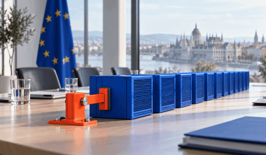 Tárgyalóasztalon sorakozó indigókék szerveregységeket egy narancspiros fékező elem tart vissza, a háttérben EU-zászlóval és budapesti panorámával.