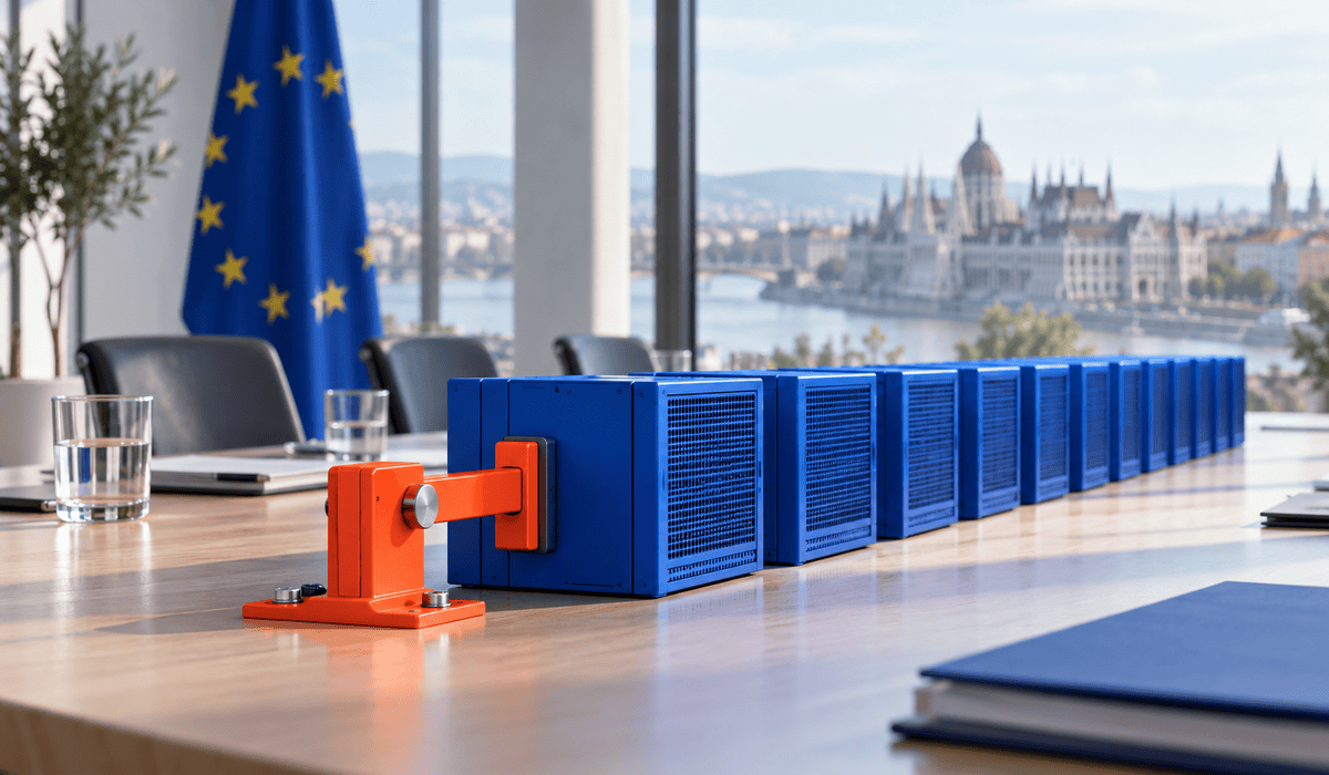 Tárgyalóasztalon sorakozó indigókék szerveregységeket egy narancspiros fékező elem tart vissza, a háttérben EU-zászlóval és budapesti panorámával.