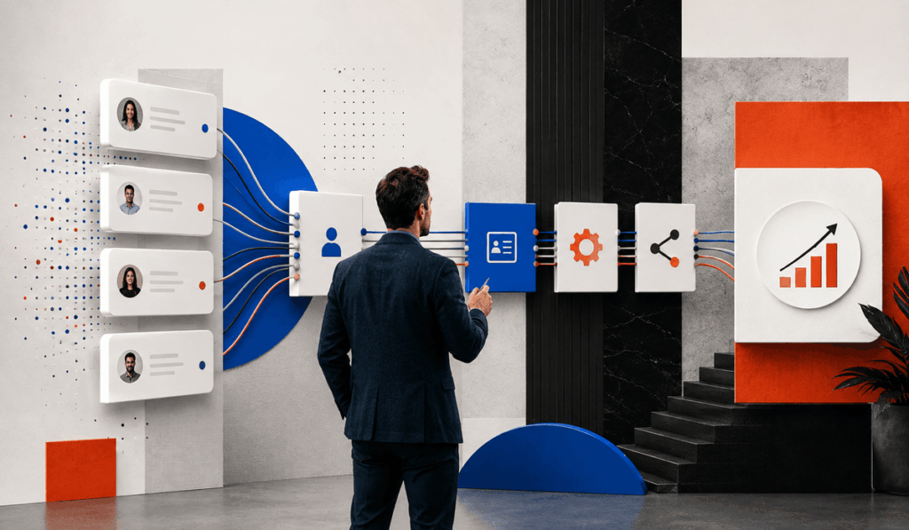 GTM engineer munkáját jelképező szerkesztőségi grafika, amely a leadeket, CRM-et, MI-t és automatizált értékesítési folyamatokat kapcsolja össze.