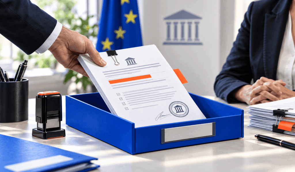 Hivatalos iratokat helyeznek egy kék dokumentumtálcába egy állami intézményt idéző irodában; a jelenet a feljelentés és a közpénzes MI-projekt vizsgálatának hangulatát jeleníti meg, kék és narancs márkaszínekkel.