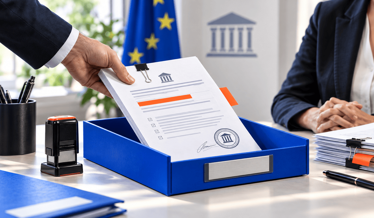 Hivatalos iratokat helyeznek egy kék dokumentumtálcába egy állami intézményt idéző irodában; a jelenet a feljelentés és a közpénzes MI-projekt vizsgálatának hangulatát jeleníti meg, kék és narancs márkaszínekkel.