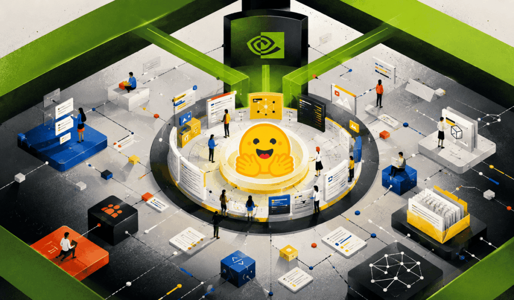 Stilizált borítókép az Nvidia és a Hugging Face felvásárlási ügyéről: középen a Hugging Face mosolygó logója látható egy digitális platformon, fölötte zöld, Nvidia-hangulatú vizuális elemek és hálózatszerű kapcsolatok, a nyílt MI-ökoszisztéma átalakulását jelképezve.