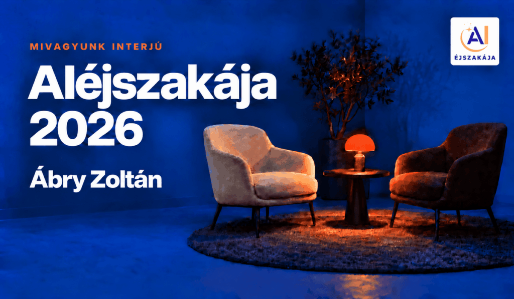 Ábry Zoltán AIéjszakája-interjújának borítója: kék szobában két fotel és narancsszínű lámpa, az esemény logójával és az interjúalany nevével.