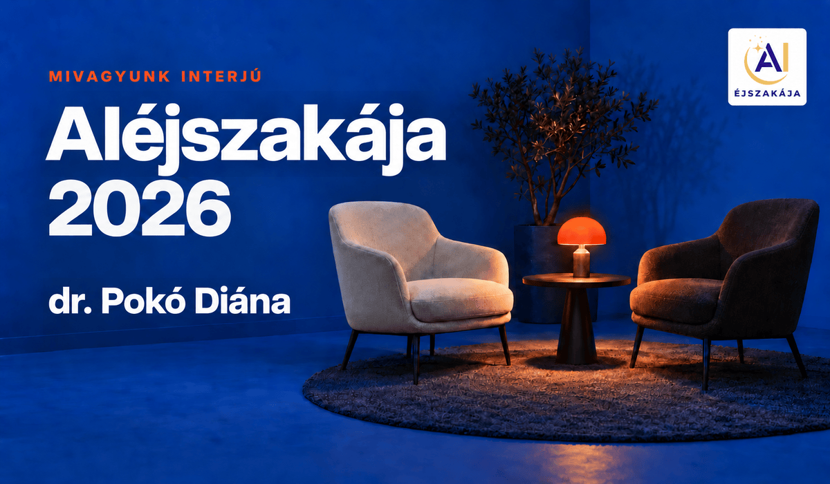 AI Éjszakája 2026 interjúborító dr. Pokó Diána nevével, kék háttérrel, két fotellel, narancssárga lámpával és a rendezvény logójával.