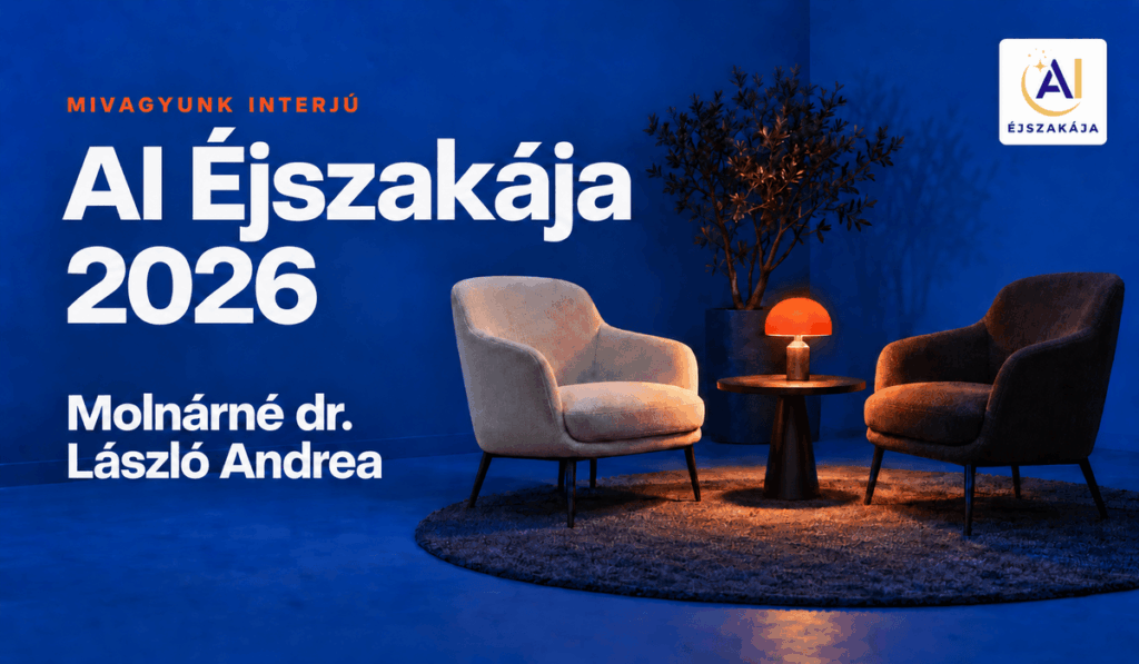 Az AI Éjszakája 2026 interjúsorozat borítója Molnárné dr. László Andrea nevével: kék háttér előtt két fotel és narancspiros lámpa, jobb felül az esemény logója.