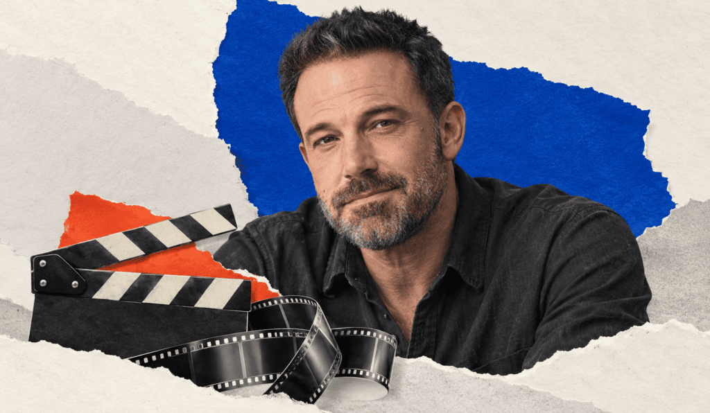 Ben Affleck portréja filmes csapóval és filmszalaggal, világos papírkollázson, indigókék és narancspiros elemekkel.
