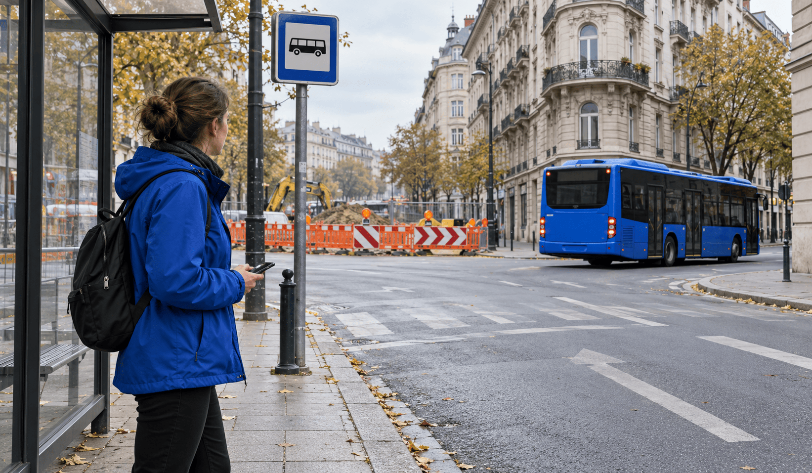 Kék kabátos utas várakozik a buszmegállóban, miközben egy kék busz az útlezárást jelző narancsszínű kordonok mellett másik utcába fordul.