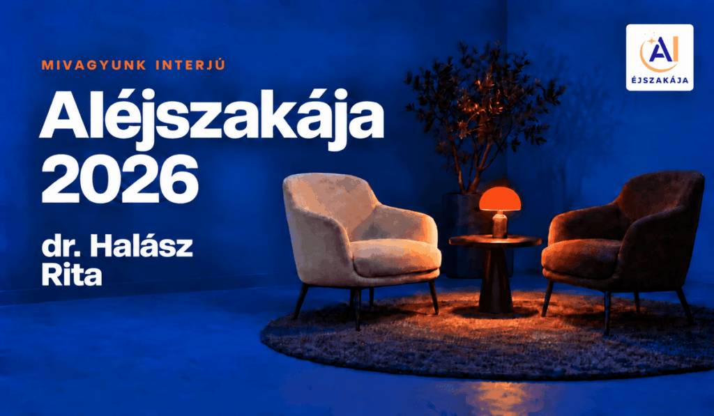 AIéjszakája 2026 interjúborító dr. Halász Rita nevével, kék enteriőrrel, két fotellel, narancsszínű lámpával és a rendezvény logójával.
