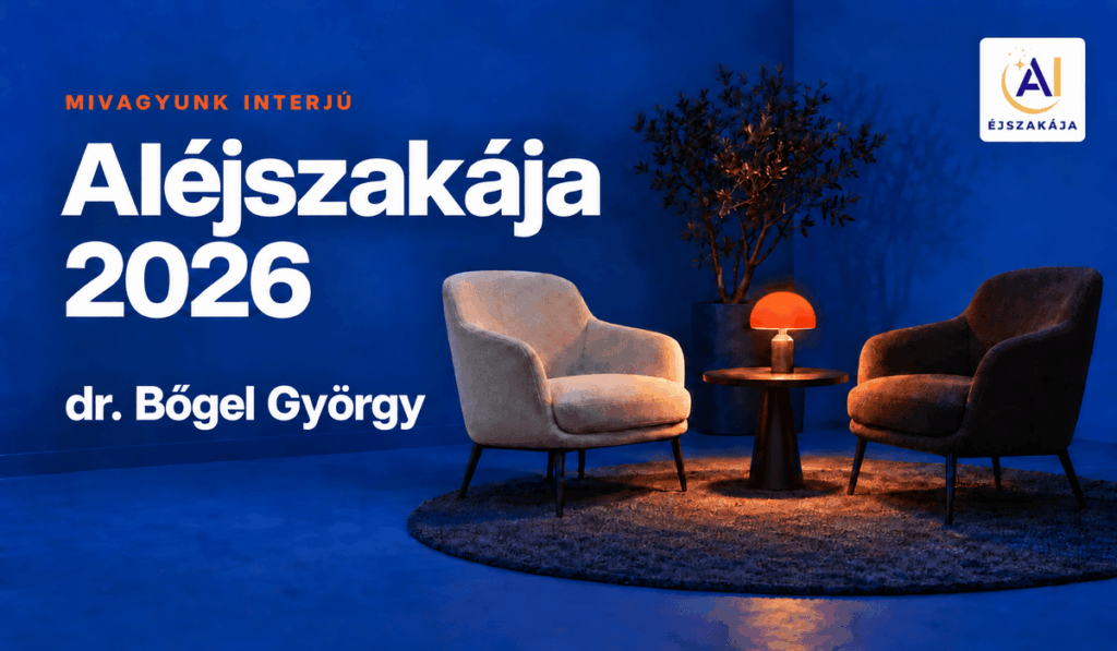 Két fotel és narancsszínű lámpa kék szobában, az AIéjszakája logójával, valamint az AIéjszakája 2026 és dr. Bőgel György felirattal.