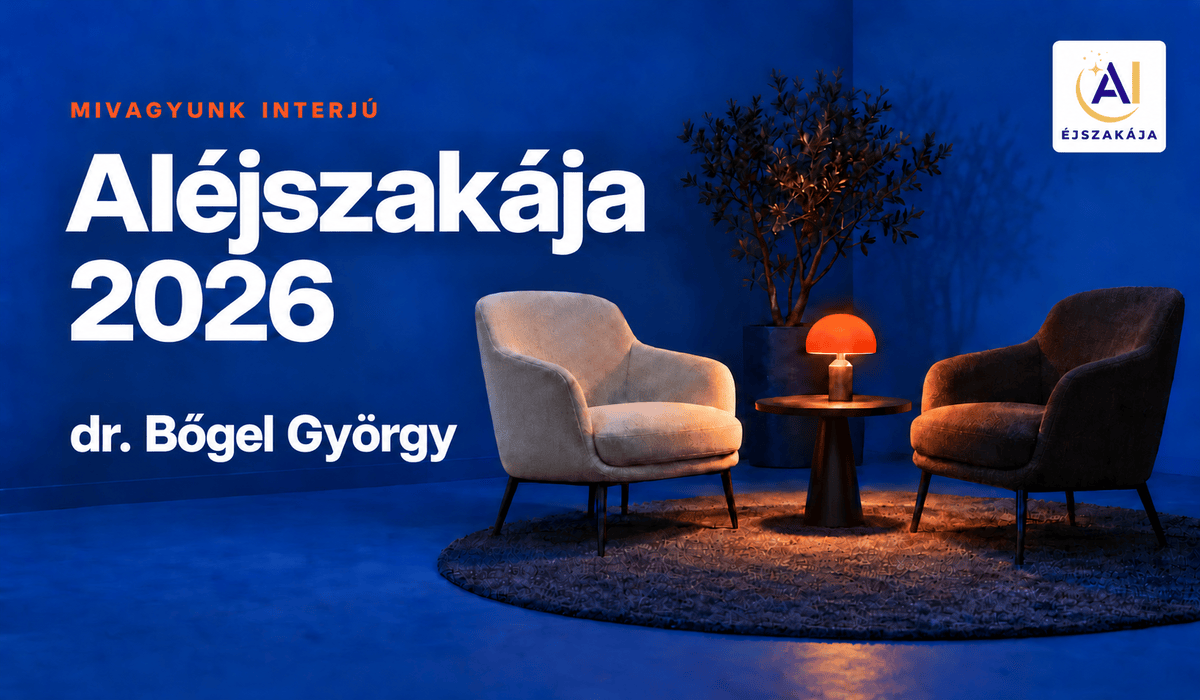 Két fotel és narancsszínű lámpa kék szobában, az AIéjszakája logójával, valamint az AIéjszakája 2026 és dr. Bőgel György felirattal.